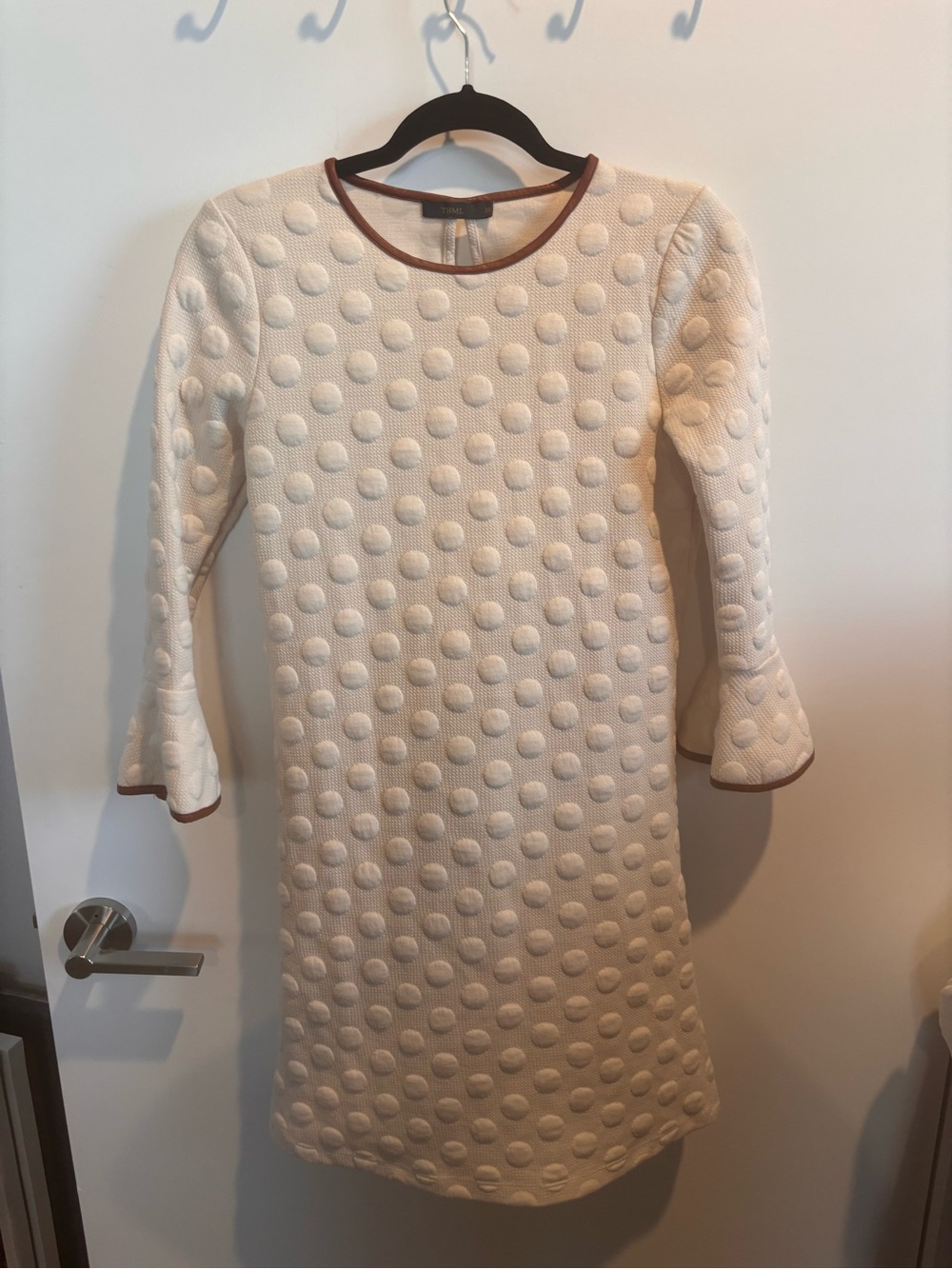 THML XS Ivory Bubble-Texture Mini Dress with Brown Trim